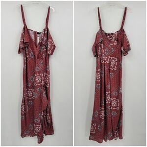 SONCY Plus Size Burgundy Flutter Sleeve Dress with Ruffle Front Slit